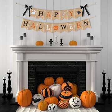 Highly Recommended Happy Halloween Burlap Banner - Multicolored Design Pumpkin Witch Halloween Party Decorations White Black Orange