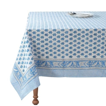CPC 100% Cotton Tablecloth 70x108 Inch - Indian Block Print Blue Design for All Occasions