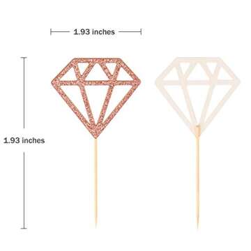 Topoox 50 Pack Rose Gold Glitter Diamond Donut Ring Cupcake Topper Picks for Engagement Bridal Showe...