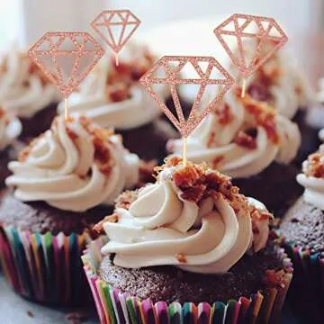 Topoox 50 Pack Rose Gold Glitter Diamond Donut Ring Cupcake Topper Picks for Engagement Bridal Shower Party Cake Decorations