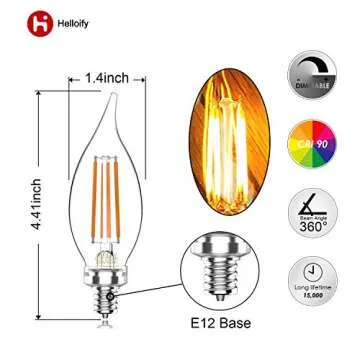 Helloify 60W Equivalent Dimmable 5.5W BA11(CF35) Vintage LED Edison Filament Candles Light Bulbs, 500lm Clear Glass Candelabra/Chandelier Bulbs, 2700K Soft White Light, E12 Base, 6PCS