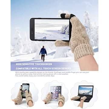 Womens Winter Knit Warm Hat Beanie Long Scarf Touch Screen Gloves Set Skull Caps Neck Scarves for Women Men Beige