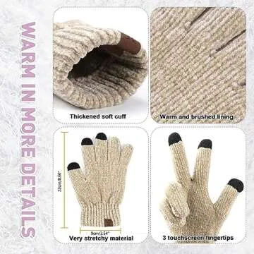 Womens Winter Knit Warm Hat Beanie Long Scarf Touch Screen Gloves Set Skull Caps Neck Scarves for Women Men Beige