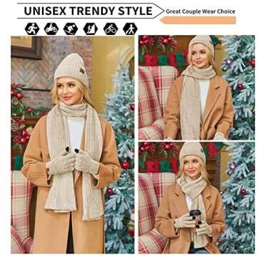 Womens Winter Knit Warm Hat Beanie Long Scarf Touch Screen Gloves Set Skull Caps Neck Scarves for Women Men Beige