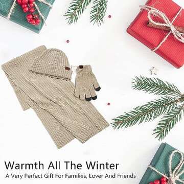 Womens Winter Knit Warm Hat Beanie Long Scarf Touch Screen Gloves Set Skull Caps Neck Scarves for Women Men Beige