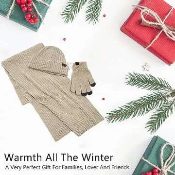 Womens Winter Knit Warm Hat Beanie Long Scarf Touch Screen Gloves Set Skull Caps Neck Scarves for Women Men Beige