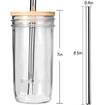 Mixrug Bubble Tea Cups 24oz 2 Pack, Reusable Iced Coffee Cups Wide Mason Mouth Smoothie Cups With Bamboo Lids and Silver Straws, Mason Jar Drinking Glasses Cups, Travel Glass Drinking Bottle