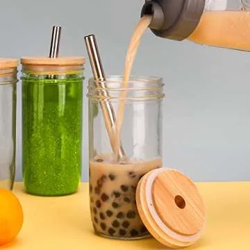 Mixrug Bubble Tea Cups 24oz 2 Pack, Reusable Iced Coffee Cups Wide Mason Mouth Smoothie Cups With Bamboo Lids and Silver Straws, Mason Jar Drinking Glasses Cups, Travel Glass Drinking Bottle