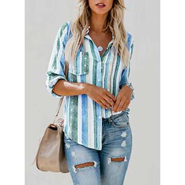 Astylish Women Loose Fit 3/4 Sleeve Collared Striped Tunic Blouse Tops Shirts Medium Sky Blue