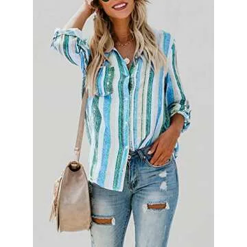 Astylish Women Loose 3/4 Sleeve Striped Tunic Blouse