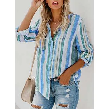 Astylish Women Loose 3/4 Sleeve Striped Tunic Blouse