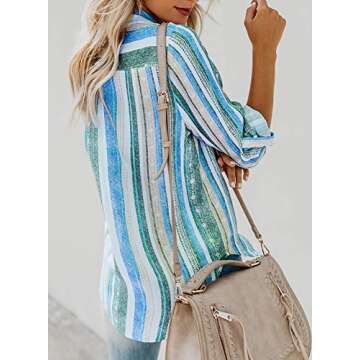 Astylish Women Loose 3/4 Sleeve Striped Tunic Blouse