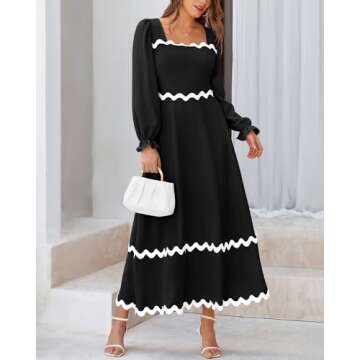 BTFBM RIC Rac Dress Women Maxi Dress Square Neck Long Sleeve Smocked Tie Back A-Line Flowy Fall Wedd...