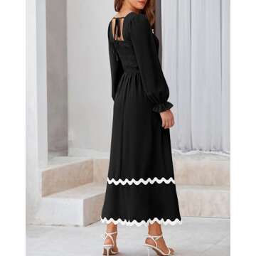 BTFBM RIC Rac Dress Women Maxi Dress Square Neck Long Sleeve Smocked Tie Back A-Line Flowy Fall Wedding Guest Dresses(Solid Black, XX-Large)