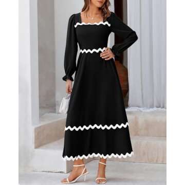 BTFBM RIC Rac Dress Women Maxi Dress Square Neck Long Sleeve Smocked Tie Back A-Line Flowy Fall Wedding Guest Dresses(Solid Black, XX-Large)