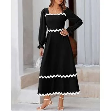 BTFBM RIC Rac Dress Women Maxi Dress Square Neck Long Sleeve Smocked Tie Back A-Line Flowy Fall Wedding Guest Dresses(Solid Black, XX-Large)