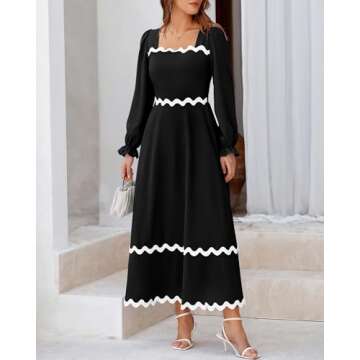 BTFBM RIC Rac Dress Women Maxi Dress Square Neck Long Sleeve Smocked Tie Back A-Line Flowy Fall Wedding Guest Dresses(Solid Black, XX-Large)