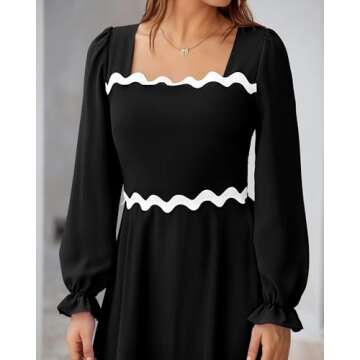 BTFBM RIC Rac Dress Women Maxi Dress Square Neck Long Sleeve Smocked Tie Back A-Line Flowy Fall Wedding Guest Dresses(Solid Black, XX-Large)