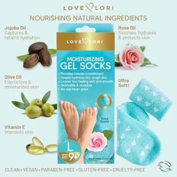 LOVE, LORI Moisturizing Socks - Premium Gel Silicone Aloe Foot Spa Socks (Sizes 9-11) Infused with Vitamin E & JoJoba Oil - Self Care Gifts for Women