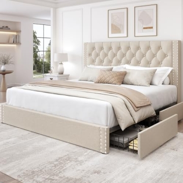 LARMACE King Size Platform Bed Frame with 4 Storage Drawers and Headboard Linen Upholstered Bed Fram...