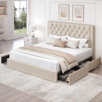 LARMACE King Size Platform Bed Frame with Storage Drawers