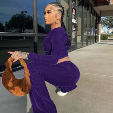 Womens 2 Piece Velour Hoodie Jogger Tracksuit Two Piece Outfits for Women, Long Sleeve Full-Zip Up Velvet Crop Tops Jacket Flared Pants Fall Lounge Matching Sets Sportswear Jogging Sweatsuit Pockets