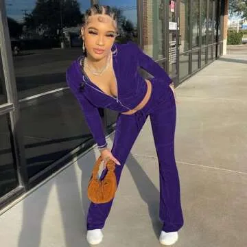 Womens 2 Piece Velour Hoodie Jogger Tracksuit Two Piece Outfits for Women, Long Sleeve Full-Zip Up Velvet Crop Tops Jacket Flared Pants Fall Lounge Matching Sets Sportswear Jogging Sweatsuit Pockets
