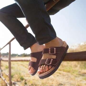 ORADO Platform Suede Sandals for Women Soft Cork Footbed Summer Slides with Adjustable Buckle, Brown...