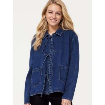 Womens Y2k Tie Front Tops Lightweight Denim Jackets Casual Loose Fit Top Fall Fashion Jean Shirt (Da...