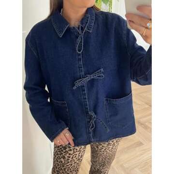 Womens Y2k Tie Front Tops Lightweight Denim Jackets Casual Loose Fit Top Fall Fashion Jean Shirt (Dark Blue,Large,Large)