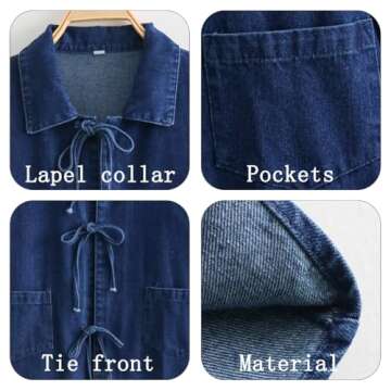 Womens Y2k Tie Front Tops Lightweight Denim Jackets Casual Loose Fit Top Fall Fashion Jean Shirt (Dark Blue,Large,Large)