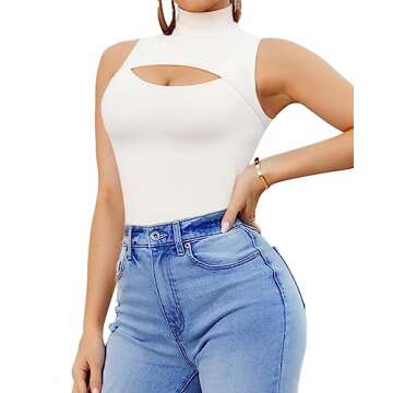 MANGOPOP Women's White Mock Neck Cutout Bodysuit - Versatile Stylish Top