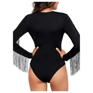 SweatyRocks Women's Round Neck Fringe Long Sleeve Sheer Mesh Cowgirl Bodysuit Plain Black M