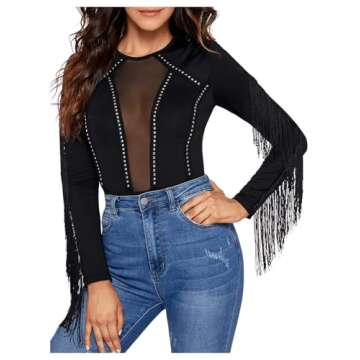 SweatyRocks Women's Round Neck Fringe Long Sleeve Sheer Mesh Cowgirl Bodysuit Plain Black M