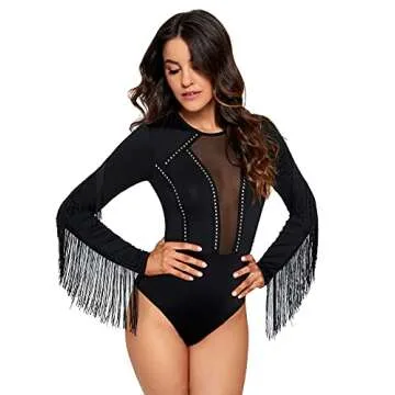 SweatyRocks Women's Round Neck Fringe Long Sleeve Sheer Mesh Cowgirl Bodysuit Plain Black M
