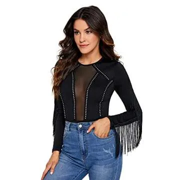 SweatyRocks Women's Round Neck Fringe Long Sleeve Sheer Mesh Cowgirl Bodysuit Plain Black M