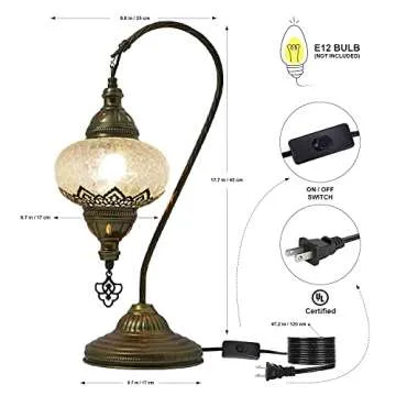 mozaist Turkish Lamp, Swan Neck Mosaic Table Lamp, Moroccan Decorative Glass Antique Bohemian Vintage Lamp Shade, Tiffany Desk Bedside Stained Glass Lamp with US Plug and E12 Socket