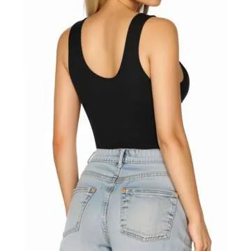 MANGOPOP Women's Henley Shirt Scoop Neck Button Down Ribbed Bodysuits Sleeveless Tank Tops Body Suit