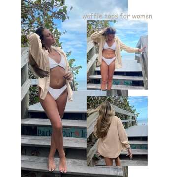 Stylish HOTOUCH Waffle Button Up Shirt Women’s Casual Top - Light Khaki