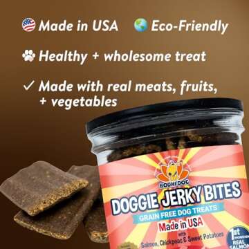 Premium Healthy Dog Jerky Treats | Grain Free Salmon Dog Treat Bites | Natural Snack Made with Salmon, Chickpeas & Sweet Potatoes | No Corn, Wheat or Soy