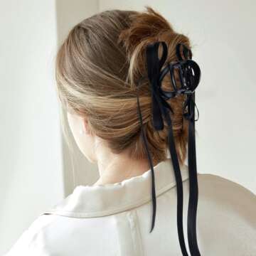 Zkptops 4Pcs Hair Claw Clips Bow Claw Clip for Women Girls Satin Claw Clamps Cute Large Bowknot Nonslip Jaw Barrettes with Tassel Hair Bow Claw Clip Accessories for Thin Thick Curly Hair (Black White)