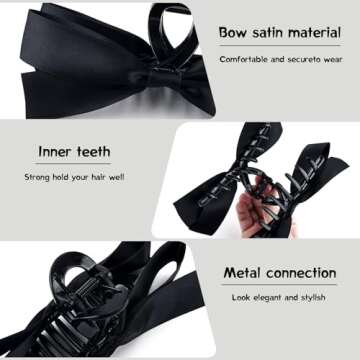 Zkptops 4Pcs Hair Claw Clips Bow Claw Clip for Women Girls Satin Claw Clamps Cute Large Bowknot Nonslip Jaw Barrettes with Tassel Hair Bow Claw Clip Accessories for Thin Thick Curly Hair (Black White)