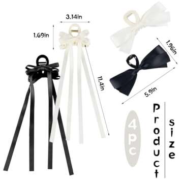 Zkptops 4Pcs Hair Claw Clips Bow Claw Clip for Women Girls Satin Claw Clamps Cute Large Bowknot Nonslip Jaw Barrettes with Tassel Hair Bow Claw Clip Accessories for Thin Thick Curly Hair (Black White)