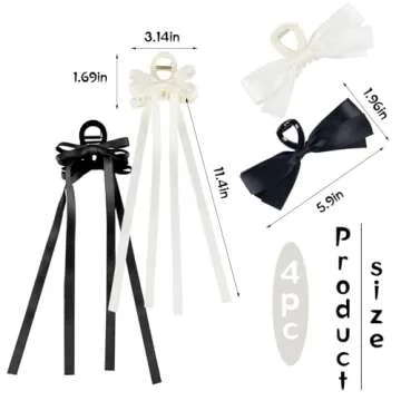 Zkptops 4Pcs Hair Claw Clips Bow Claw Clip for Women Girls Satin Claw Clamps Cute Large Bowknot Nonslip Jaw Barrettes with Tassel Hair Bow Claw Clip Accessories for Thin Thick Curly Hair (Black White)