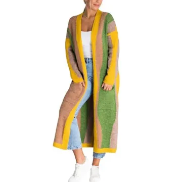 chouyatou Women's Fall Open Front Color Block Long Cardigan Sweater Coat Casual Vertical Striped Coa...