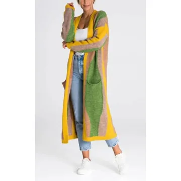 chouyatou Women's Fall Open Front Color Block Long Cardigan Sweater Coat Casual Vertical Striped Coatigan (Small, Green)