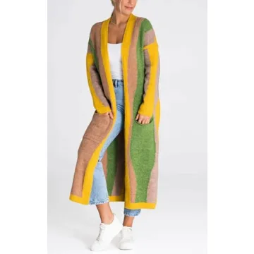 chouyatou Women's Fall Open Front Color Block Long Cardigan Sweater Coat Casual Vertical Striped Coatigan (Small, Green)