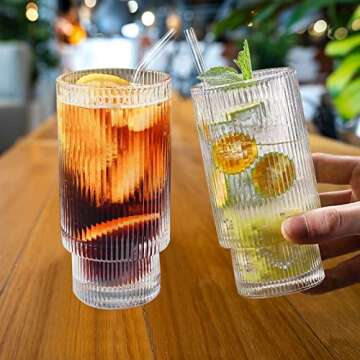 ASIZZED Ribbed Glassware with Straws Vintage Glass Cups 6pcs Set Reusable Wide Mouth Fluted Drinking Glasses 16oz Smoothie Cup Iced Coffee Cup with Clean Brushes for Beer Cocktail Bar Cart Accessories