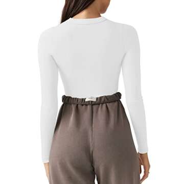 REORIA Women's Fall Fashion Crew Neck Double Lined Long Sleeve One Piece Fitted Tight T Shirts Leotards Bodysuits Tops For Going Ou White Large