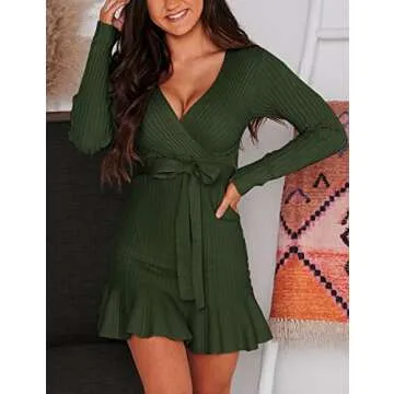 VIMPUNEC Fall Tie Waist Sweater Dress Elegant V Neck Wrap Sweater Dress Knit Mini Sweater Dress Army Green